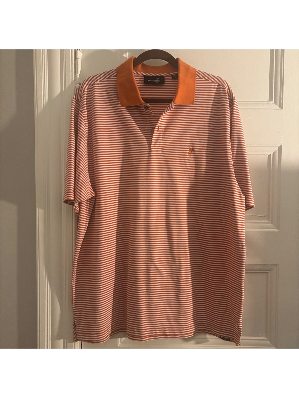 Ashworth Men's Striped Polo Shirt with Orange e Collar, Size Large
